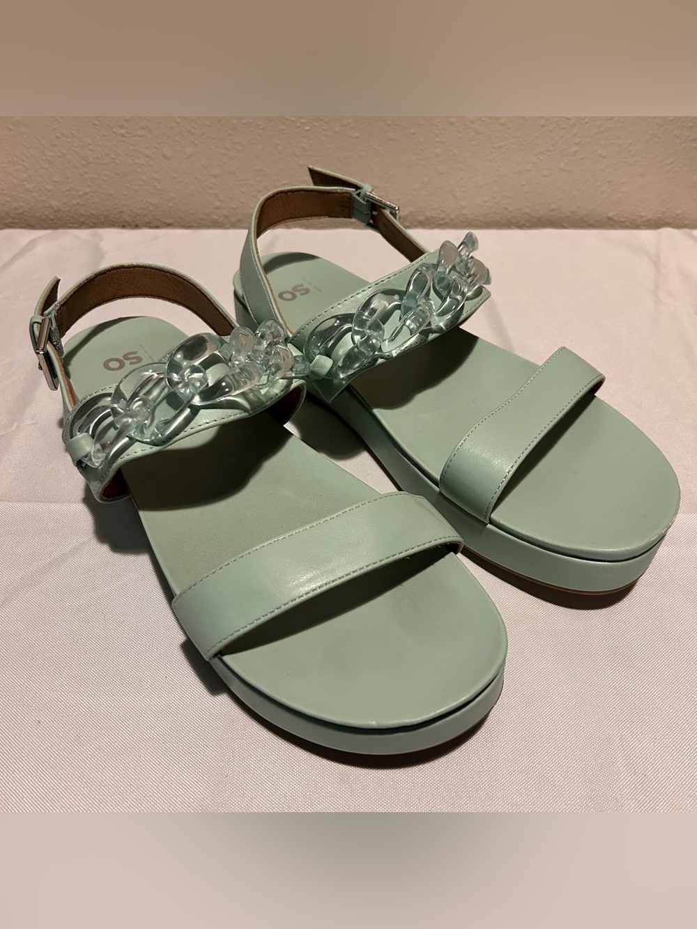 SO Mint Green Platform Sandals with Clear Chain Accent
